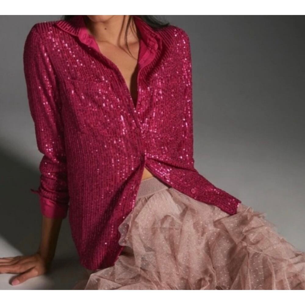 Anthropologie Sequin Button-Down Blouse Pink Magenta Sparkle
